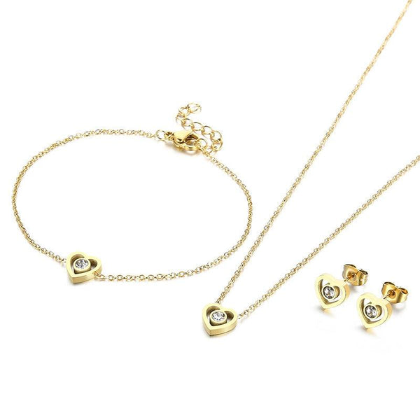 Stainless Steel Zircon Heart Stud Earrings Heart Charm Pendant Necklace Bracelet Set - kalen