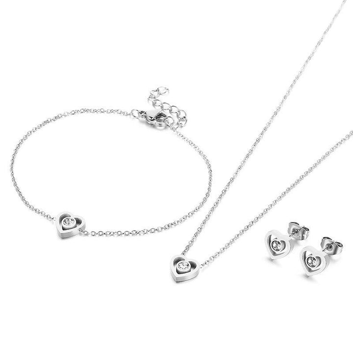 Stainless Steel Zircon Heart Stud Earrings Heart Charm Pendant Necklace Bracelet Set - kalen