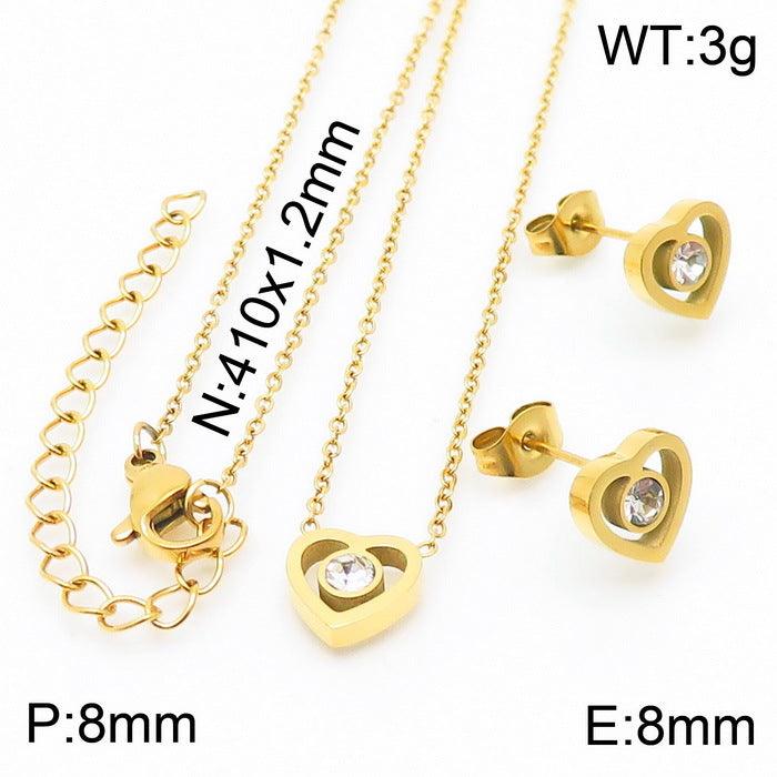 Stainless Steel Zircon Heart Stud Earrings Heart Charm Pendant Necklace Bracelet Set - kalen