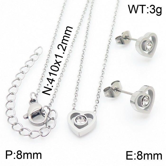 Stainless Steel Zircon Heart Stud Earrings Heart Charm Pendant Necklace Bracelet Set - kalen