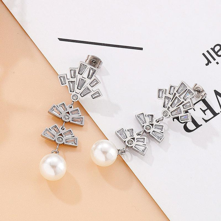 Stainless Steel Zircon Pearl Drop Earrings - kalen