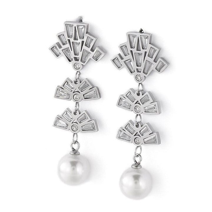 Stainless Steel Zircon Pearl Drop Earrings - kalen