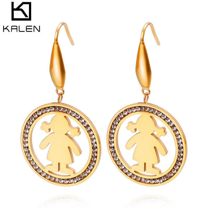 Stainless Steel Zircon Round Cute Girl Drop Earrings - kalen