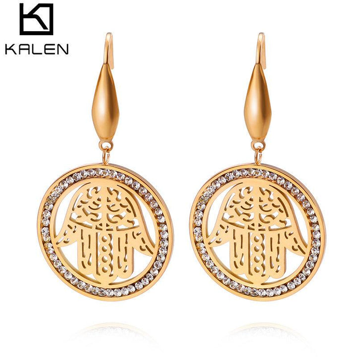 Stainless Steel Zircon Round Palm Drop Earrings - kalen