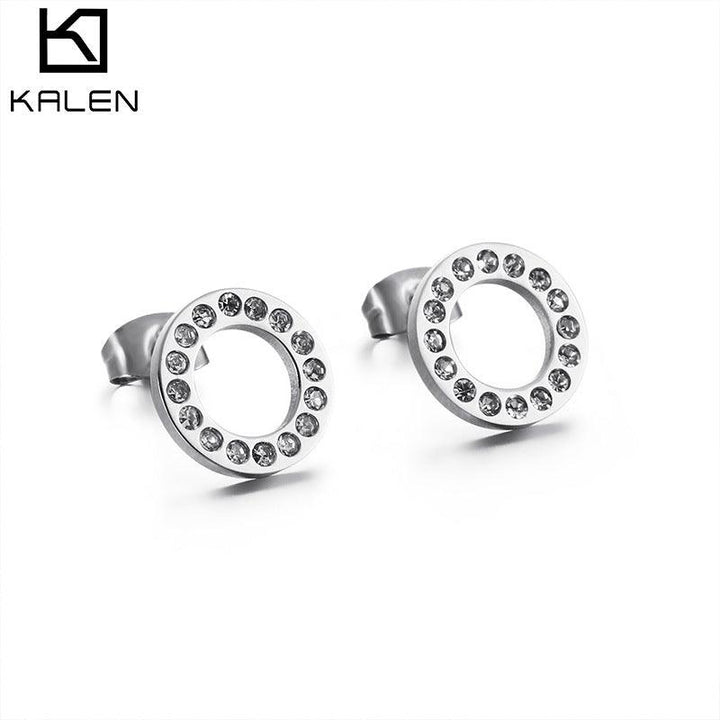 Stainless Steel Zircon Round Stub Earrings - kalen