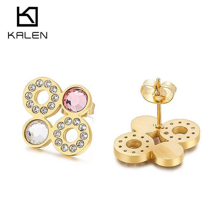 Stainless Steel Zircon Shell Enamel Round Moon C-Shaped Stub Earrings - kalen