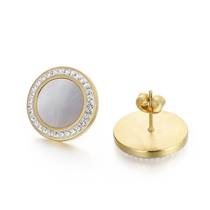 Stainless Steel Zircon Shell Enamel Round Stub Earrings - kalen