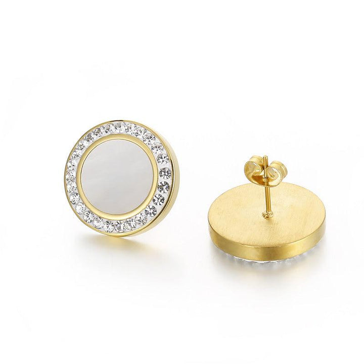 Stainless Steel Zircon Shell Enamel Round Stub Earrings - kalen