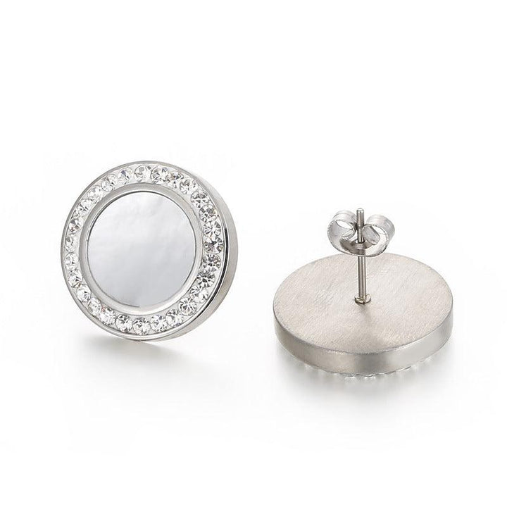 Stainless Steel Zircon Shell Enamel Round Stub Earrings - kalen