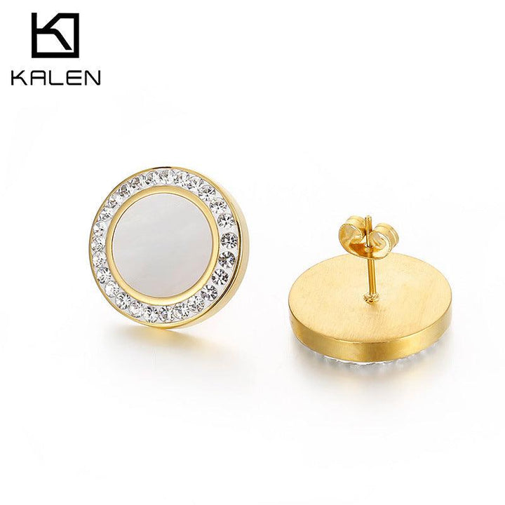 Stainless Steel Zircon Shell Enamel Round Stub Earrings - kalen