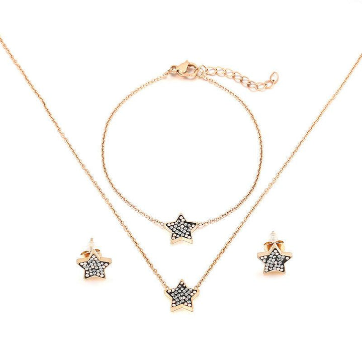 Stainless Steel Zircon Star Stud Earrings Pendant Necklace Bracelet For Women - kalen