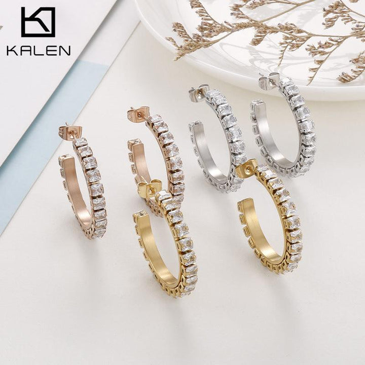 Stainless Steel Zircon Tenis Chain C-Shape Stub Earrings - kalen