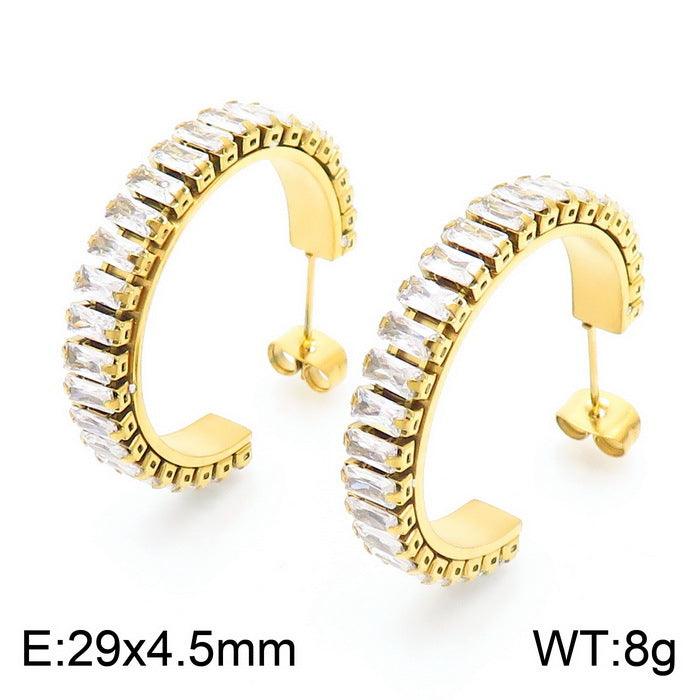 Stainless Steel Zircon Tenis Chain C-Shape Stub Earrings - kalen