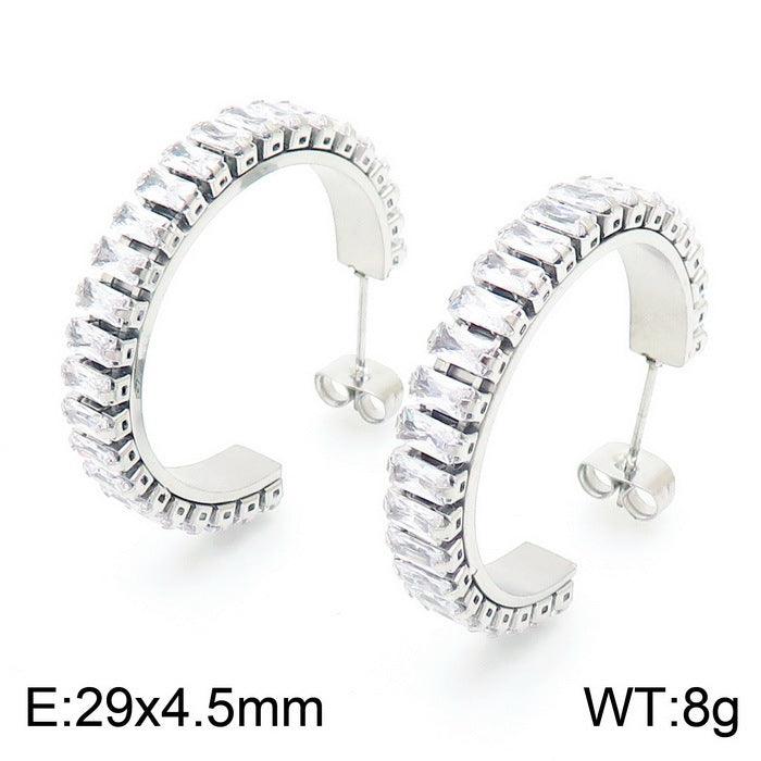 Stainless Steel Zircon Tenis Chain C-Shape Stub Earrings - kalen