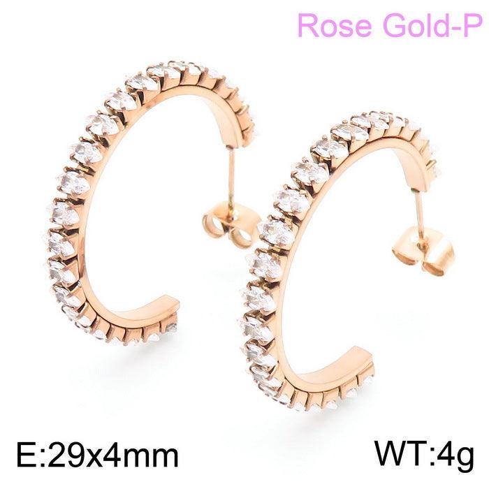 Stainless Steel Zircon Tenis Chain C-Shape Stub Earrings - kalen