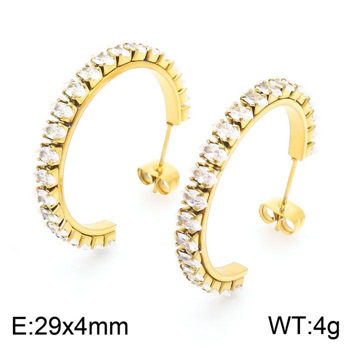 Stainless Steel Zircon Tenis Chain C-Shape Stub Earrings - kalen