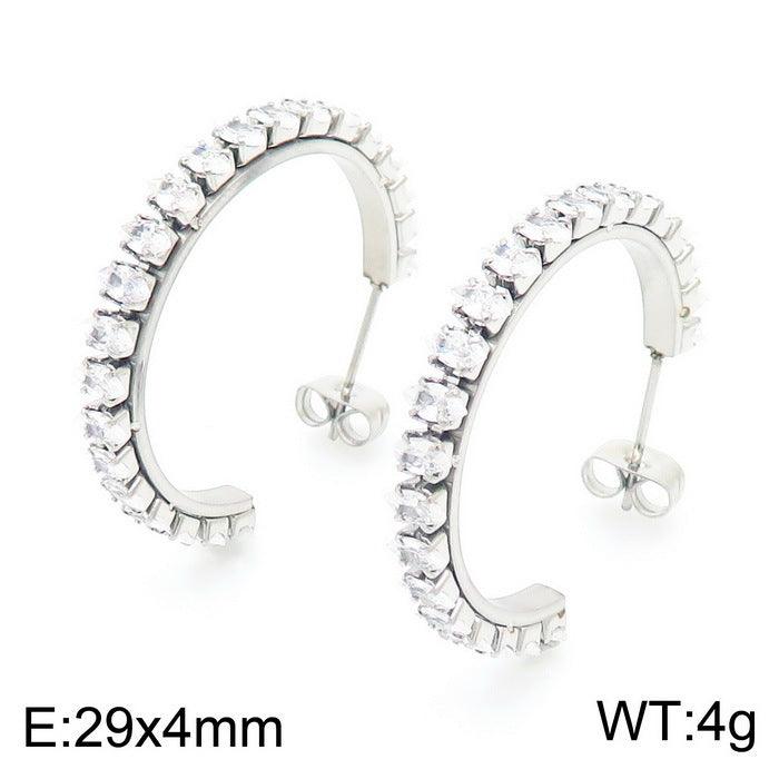 Stainless Steel Zircon Tenis Chain C-Shape Stub Earrings - kalen