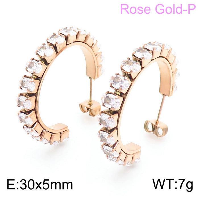 Stainless Steel Zircon Tenis Chain C-Shape Stub Earrings - kalen