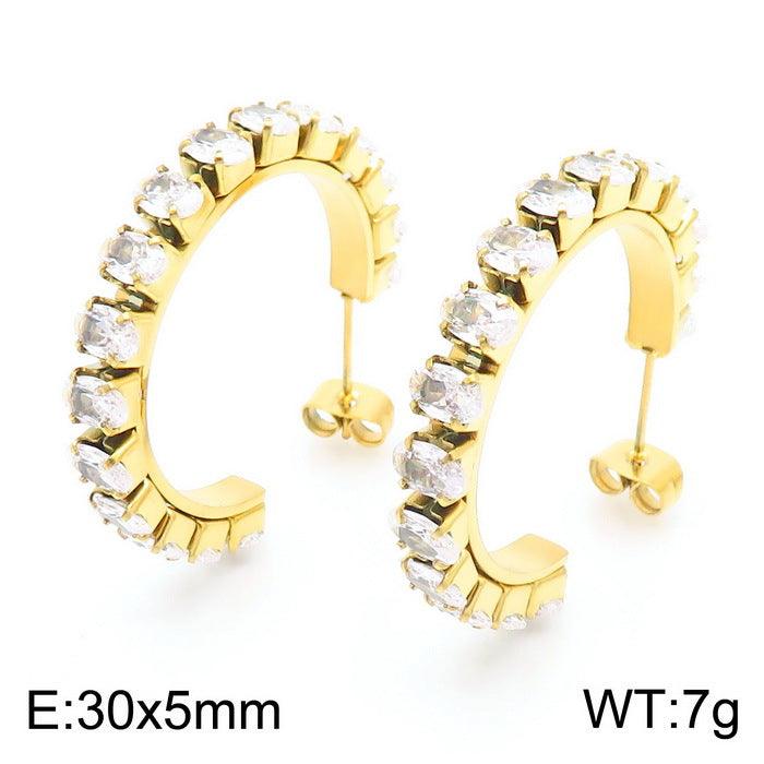 Stainless Steel Zircon Tenis Chain C-Shape Stub Earrings - kalen