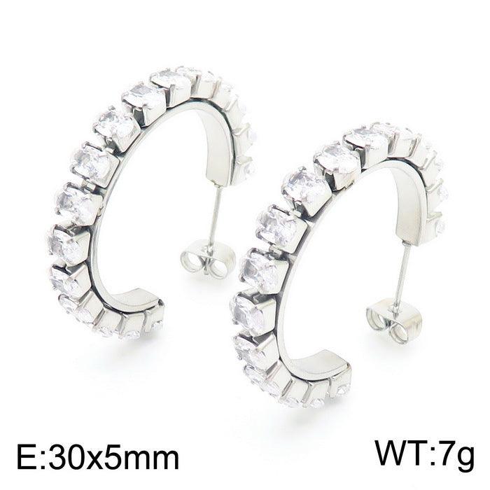 Stainless Steel Zircon Tenis Chain C-Shape Stub Earrings - kalen