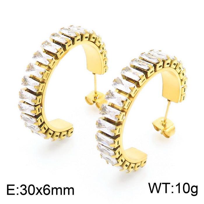 Stainless Steel Zircon Tenis Chain C-Shape Stub Earrings - kalen