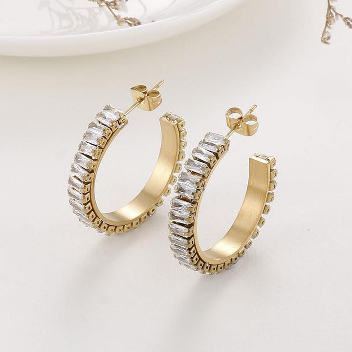 Stainless Steel Zircon Tenis Chain C-Shape Stub Earrings - kalen