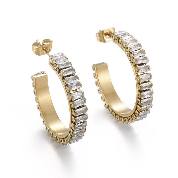 Stainless Steel Zircon Tenis Chain C-Shape Stub Earrings - kalen