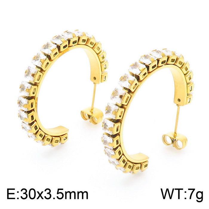 Stainless Steel Zircon Tenis Chain C-Shape Stub Earrings - kalen