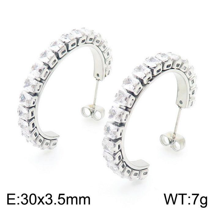 Stainless Steel Zircon Tenis Chain C-Shape Stub Earrings - kalen