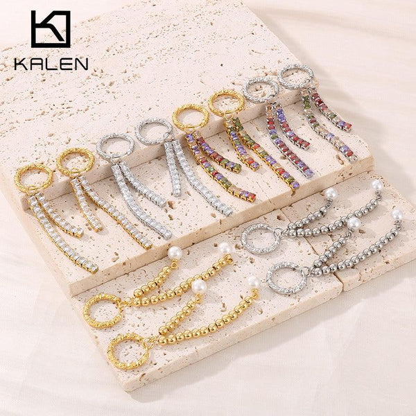 Stainless Steel Zircon Tennis Bead Chain Drop Earrings - kalen