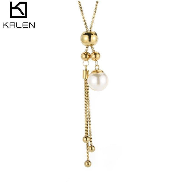 KALEN Beads Pendant Long Necklace Gold Color Stainless Steel Necklace Vintage Pearl Vacation Jewelry For Women.