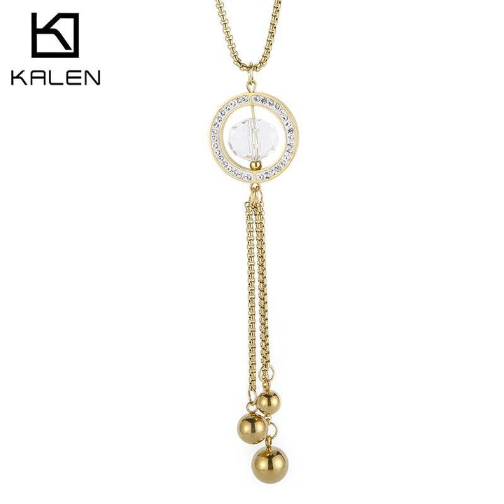 KALEN Vintage Gold Silver Stainless Steel Necklaces For Women Fashion Rhinestone Cubic Zirconia Pendant Tassel Necklace Jewelry.