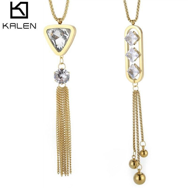 KALEN   Stainless Steel Tassel Long Necklace Cubic Zirconia Women Pendant Fashion Statement Jewelry Sweater Chain Necklaces Gift.