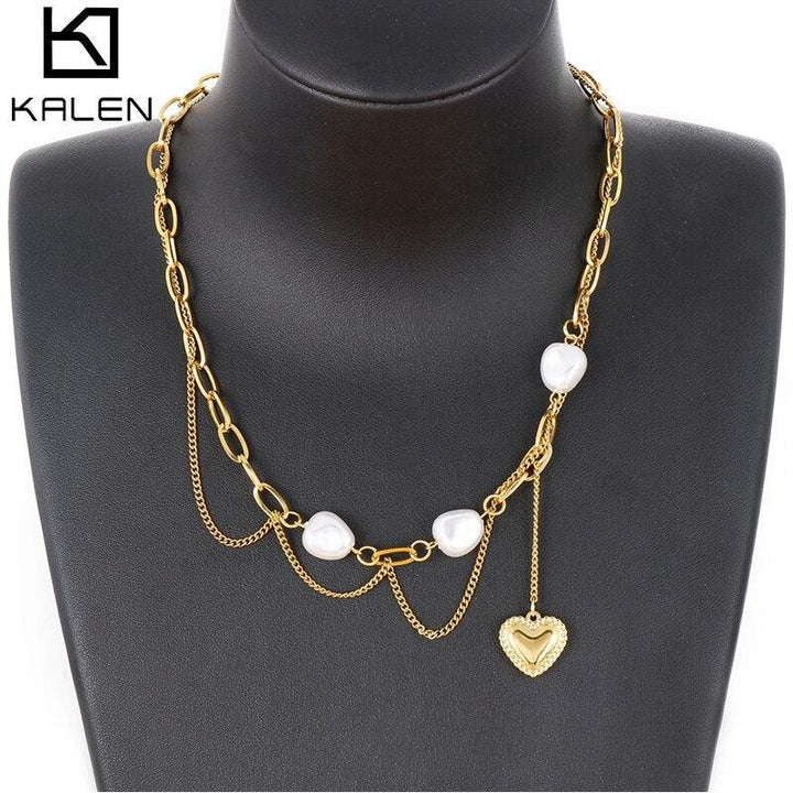 Kalen Vintage Baroque Double layer Pearl Lock Snake Chains Necklace 2021 Coin Pendant Love Necklaces for Women Punk Jewelry.