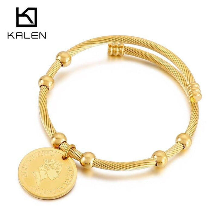 Kalen Punk Bracelets Carved Coin Head Bracelet Bangle Bohemian Circle Queen Thick Chain Tassel Pendant Bracelet Women Jewelry.