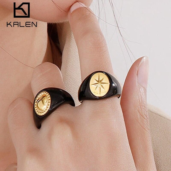 Vintage Party Rings Pentagram Awning Two-Color Stainless Steel Ring For Women Men Personality Black Plating Anillos Jewelry Gift.