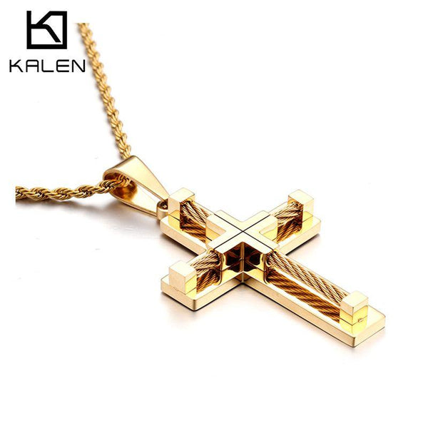 KALEN Hot Stainless Steel Wire Cross Pendant Necklace Men Male Metal Cruz Necklaces Jewelry Accessories.