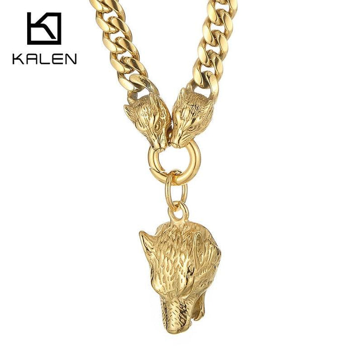 KALEN 10mm Cuban Chain With Wolf Charm Pendant Necklace Stainless Steel Trendy Jewelry.