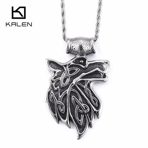 KALEN Hip Hop Animal Wolf Head Pendant Necklace For Men Stainless Steel Big Viking Wolf Rune Amulet Necklace Lucky Blessing Gift.