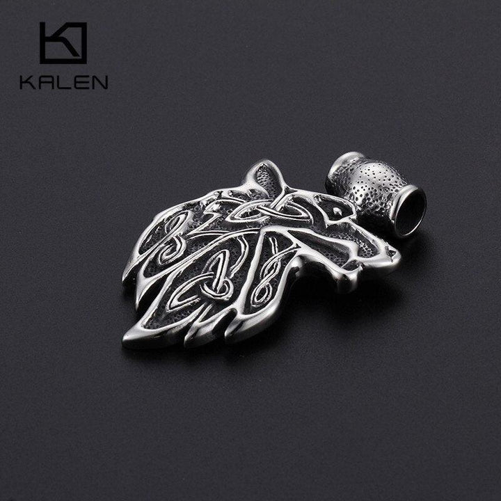 KALEN Hip Hop Animal Wolf Head Pendant Necklace For Men Stainless Steel Big Viking Wolf Rune Amulet Necklace Lucky Blessing Gift.