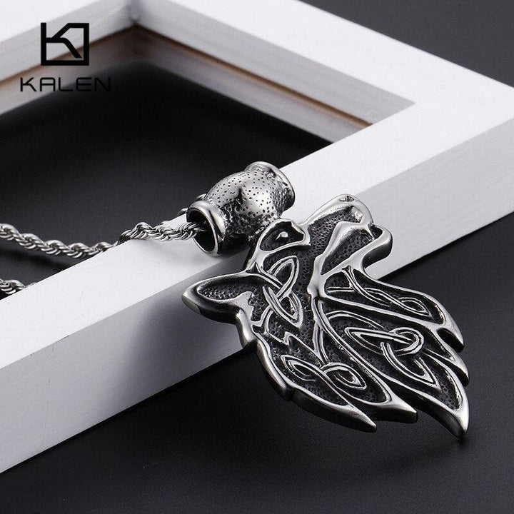 KALEN Hip Hop Animal Wolf Head Pendant Necklace For Men Stainless Steel Big Viking Wolf Rune Amulet Necklace Lucky Blessing Gift.