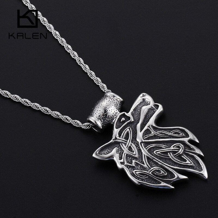 KALEN Hip Hop Animal Wolf Head Pendant Necklace For Men Stainless Steel Big Viking Wolf Rune Amulet Necklace Lucky Blessing Gift.