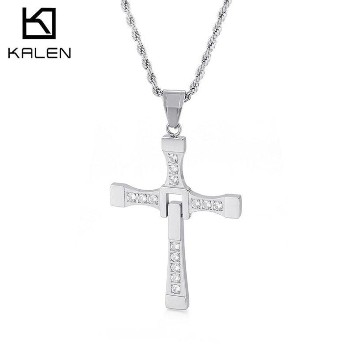 Kalen Fast and Furious Cross Pendant Necklace Stainless Steel Zircon High Quality Jewelry Men's Accessories Wholesale.