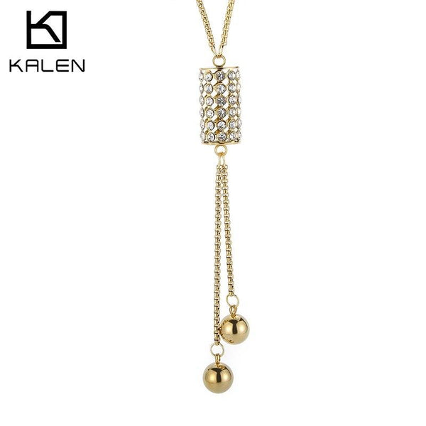 KALEN Gold Silver Color Luxury Full Rhinestone Cylinder Pendant Tassel Long Necklace For Women Party Jewelry Gifts.