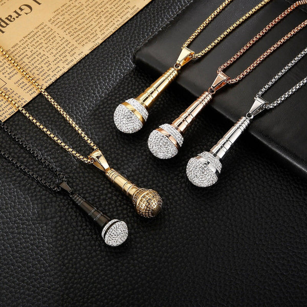 Kalen Hip Hop Trend Microphone Pendant Charm Men's Necklace Party Gift Zircon Stainless Steel Jewelry.