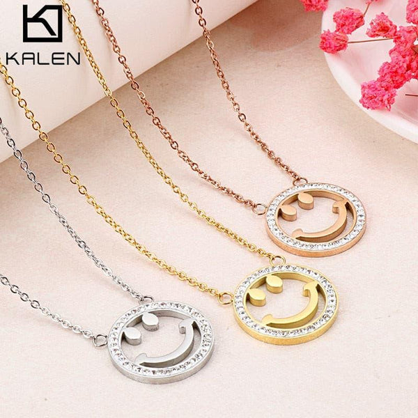 Kalen Female's Simple Design Small Fresh Lucky Smiley Pendant Link Chain Necklace  Stainless Steel Easy-button Jewelry.