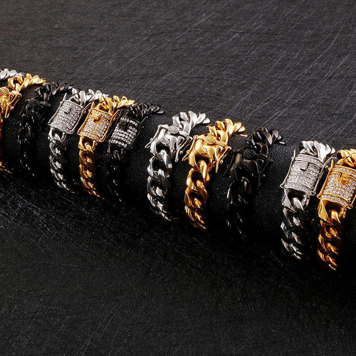 10/11/13mm Polished Miami Cuban Chain Bracelet with CNC Zircon Lock Button Clap - kalen