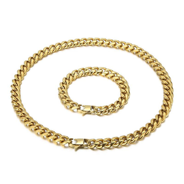 10mm Polished Miami Cuban Chain Bracelet Necklace Set with Lobster Clap - kalen