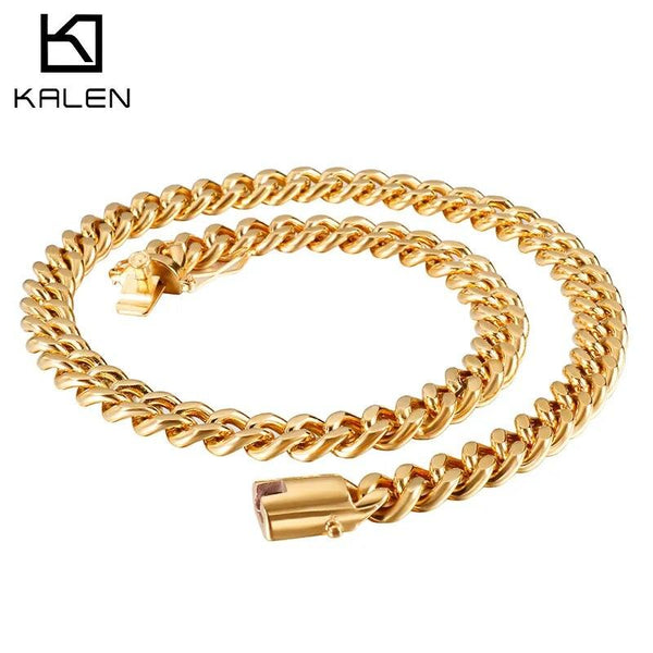 11mm Polished 2-Side Cut Curb Cuban Chain Necklace with Push Button Lock Clap - kalen