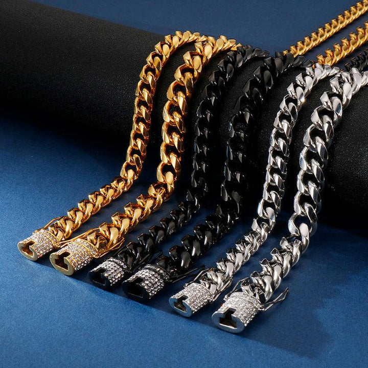 8/10mm Polished Miami Cuban Chain Necklace with CNC Zircon Lock Button Clap - kalen